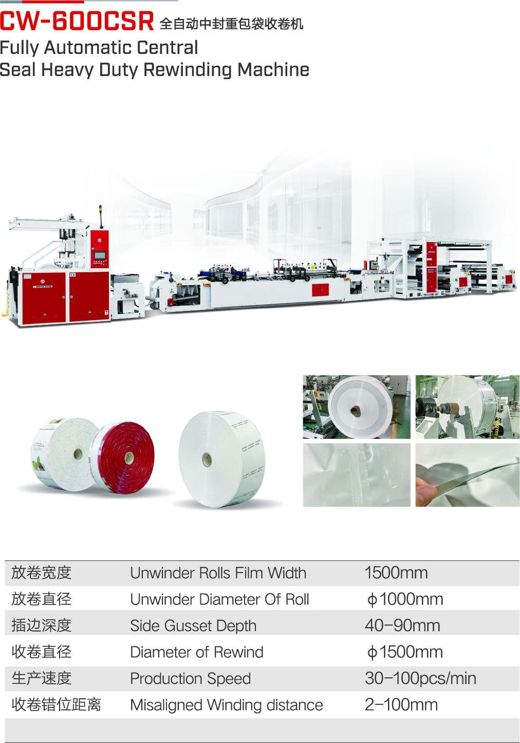 CW-600CSR Automatic Central Seal Heavy Duty Rewinding Machine